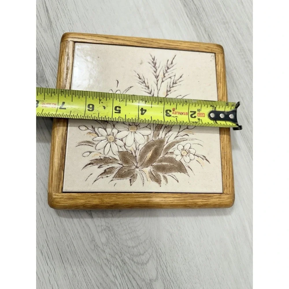 Ceramic Tile Trivet Oak Wood Frame Floral Daisy Wheat Boho Cottagecore
